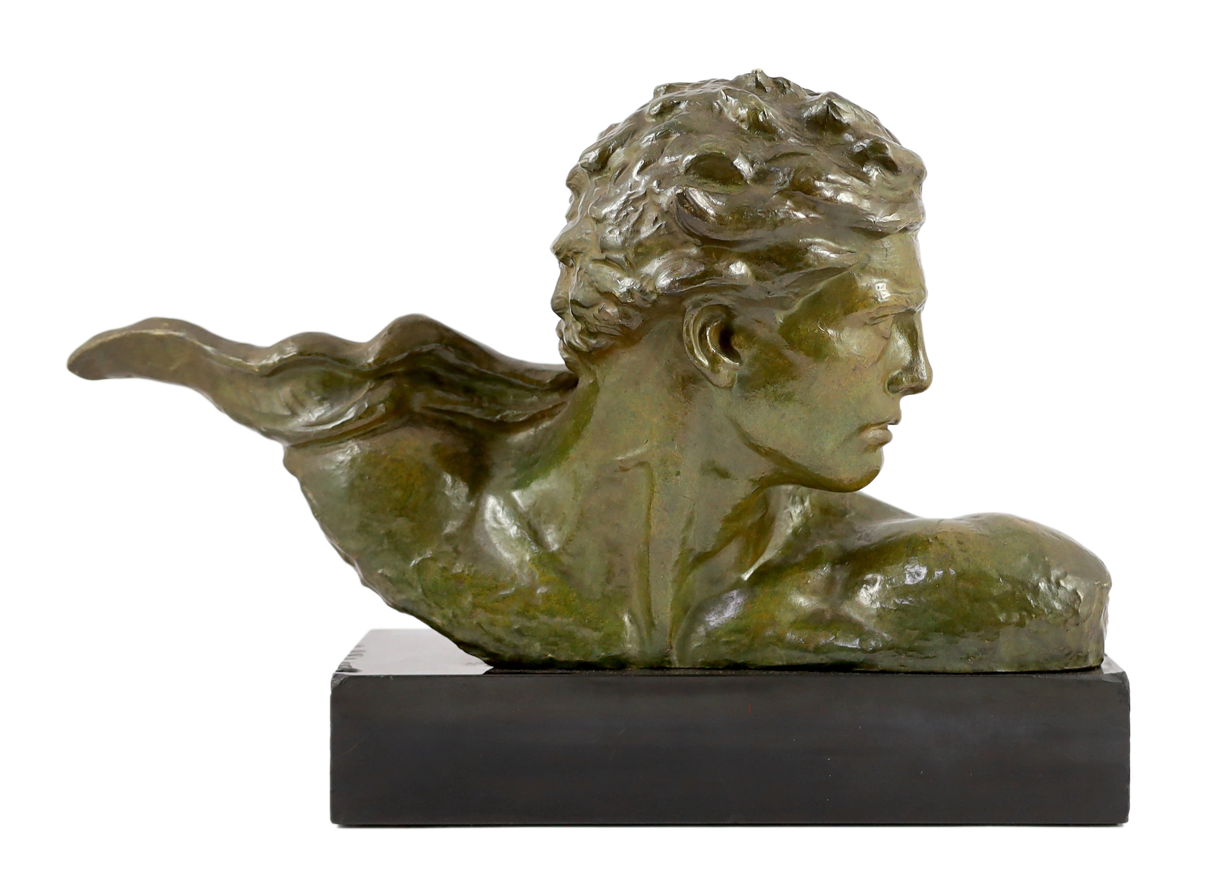 Alexandre Kelety (French/Hungarian, 1874-1940). A bronze 'Buste de Jean Mermoz à l'écharpe', 53cm wide, 36cm high